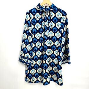 Zara Small Geometric Ecru Blue Mini Dress Aline Loose Cream Bell Sleeve Pattern